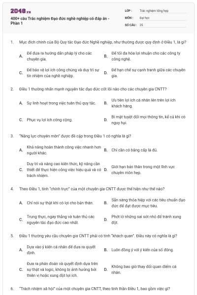 400+ câu Trắc nghiệm Đạo đức nghề nghiệp có đáp án - Phần 1