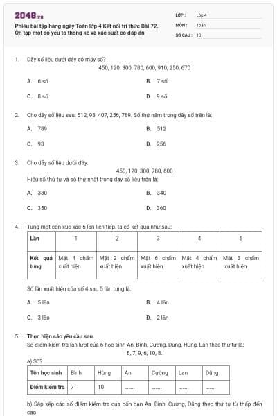 Phiếu bài tập hàng ngày Toán lớp 4 Kết nối tri thức Bài 72. Ôn tập một số yếu tố thống kê và xác suất có đáp án
