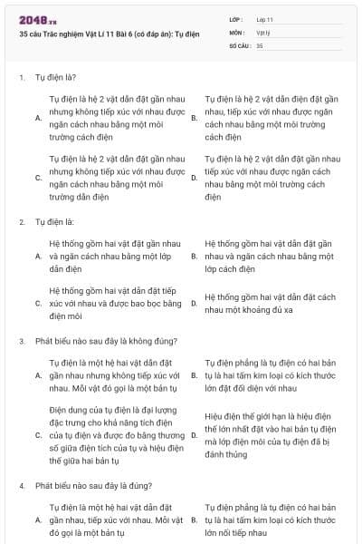 35 câu  Trắc nghiệm Vật Lí 11 Bài 6 (có đáp án): Tụ điện
