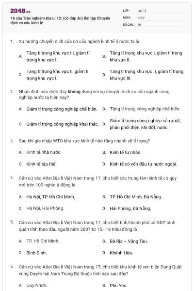 16 câu Trắc nghiệm Địa Lí 12: (có đáp án) Bài tập Chuyển dịch cơ cấu kinh tế
