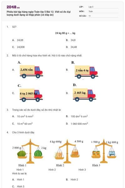 Phiếu bài tập hàng ngày Toán lớp 5 Bài 12. Viết số đo đại lượng dưới dạng số thập phân (có đáp án)