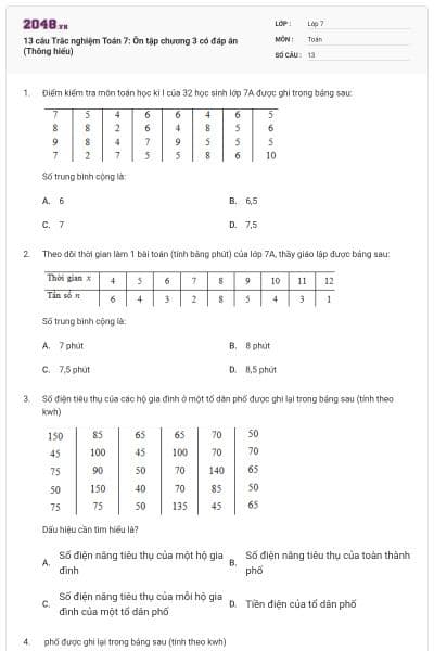 13 câu Trắc nghiệm Toán 7: Ôn tập chương 3 có đáp án (Thông hiểu)