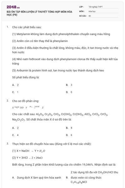 BÀI ÔN TẬP RÈN LUYỆN LÝ THUYẾT TỔNG HỢP MÔN HÓA HỌC (P8)
