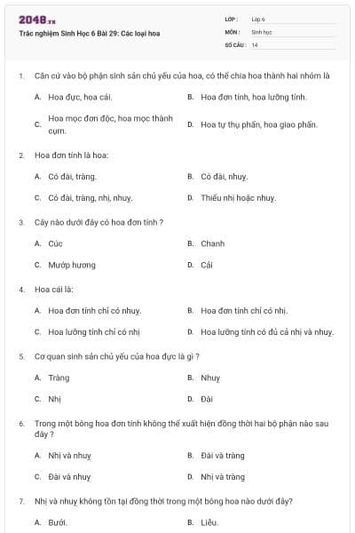 Trắc nghiệm Sinh Học 6 Bài 29: Các loại hoa