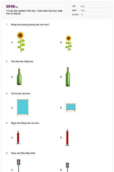 13 câu trắc nghiệm Toán lớp 1 Cánh diều Cao hơn, thấp hơn có đáp án