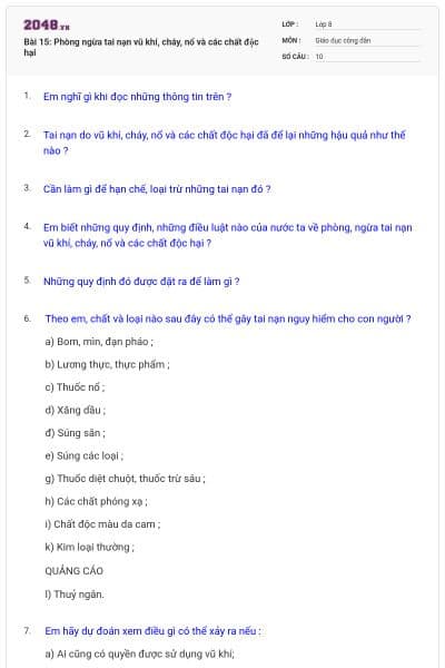 Bài 15: Phòng ngừa tai nạn vũ khí, cháy, nổ và các chất độc hại