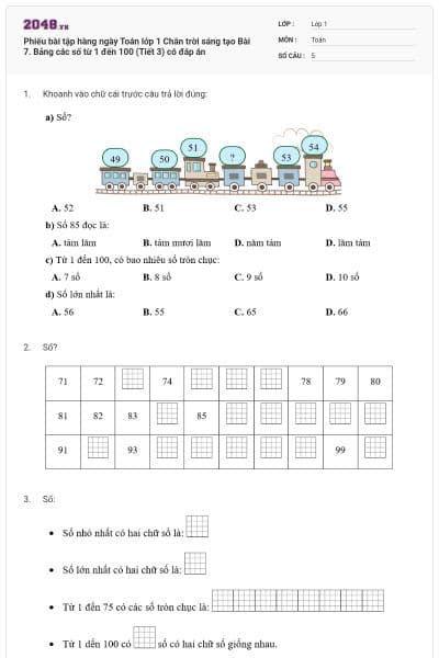 Phiếu bài tập hàng ngày Toán lớp 1 Chân trời sáng tạo Bài 7. Bảng các số từ 1 đến 100 (Tiết 3) có đáp án