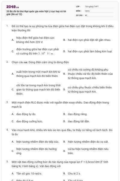 20 Bộ đề thi thử thpt quốc gia môn Vật Lí cực hay có lời giải (Đề số 12)