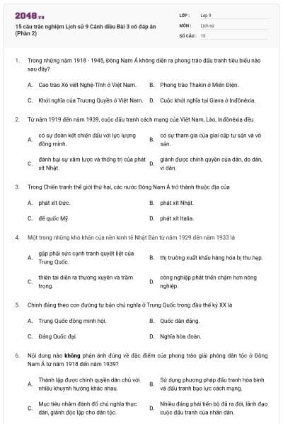 15 câu trắc nghiệm Lịch sử 9 Cánh diều Bài 3 có đáp án (Phần 2)