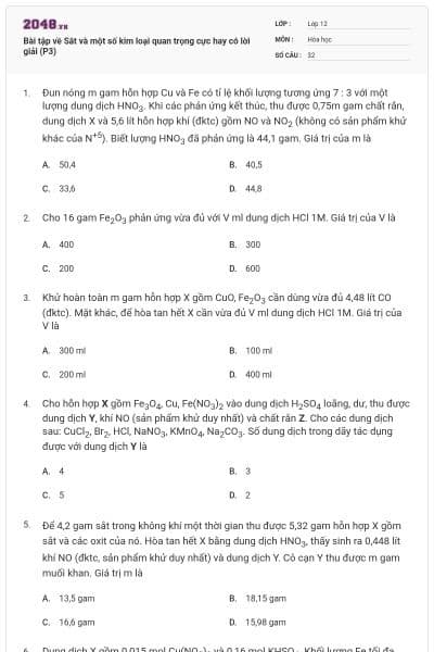 Bài tập về Sắt và một số kim loại quan trọng cực hay có lời giải (P3)