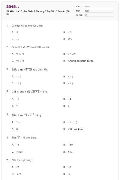 Đề kiểm tra 15 phút Toán 9 Chương 1 Đại Số có đáp án (Đề 5)