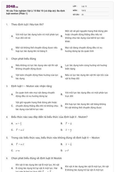 46 câu Trắc nghiệm Vật Lí 10 Bài 10 (có đáp án): Ba định luật newtơn (Phần 1)