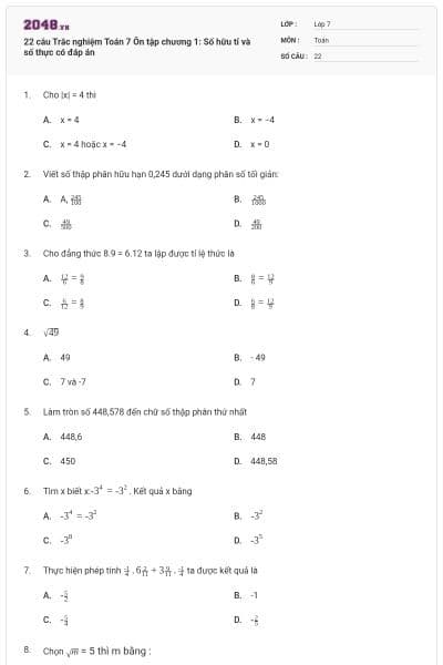 22 câu Trắc nghiệm Toán 7 Ôn tập chương 1:  Số hữu tỉ và số thực có đáp án