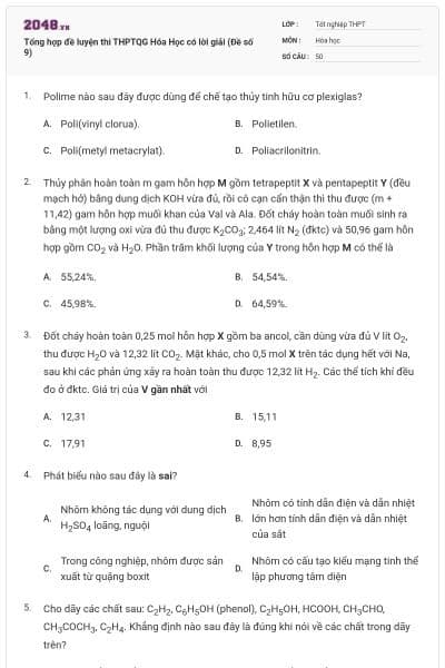 Tổng hợp đề luyện thi THPTQG Hóa Học có lời giải (Đề số 9)