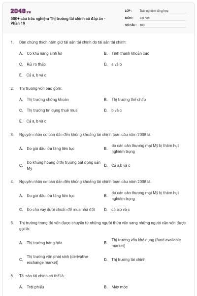 500+ câu trắc nghiệm Thị trường tài chính có đáp án - Phần 19