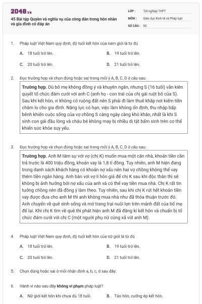 45 Bài tập Quyền và nghĩa vụ của công dân trong hôn nhân và gia đình có đáp án