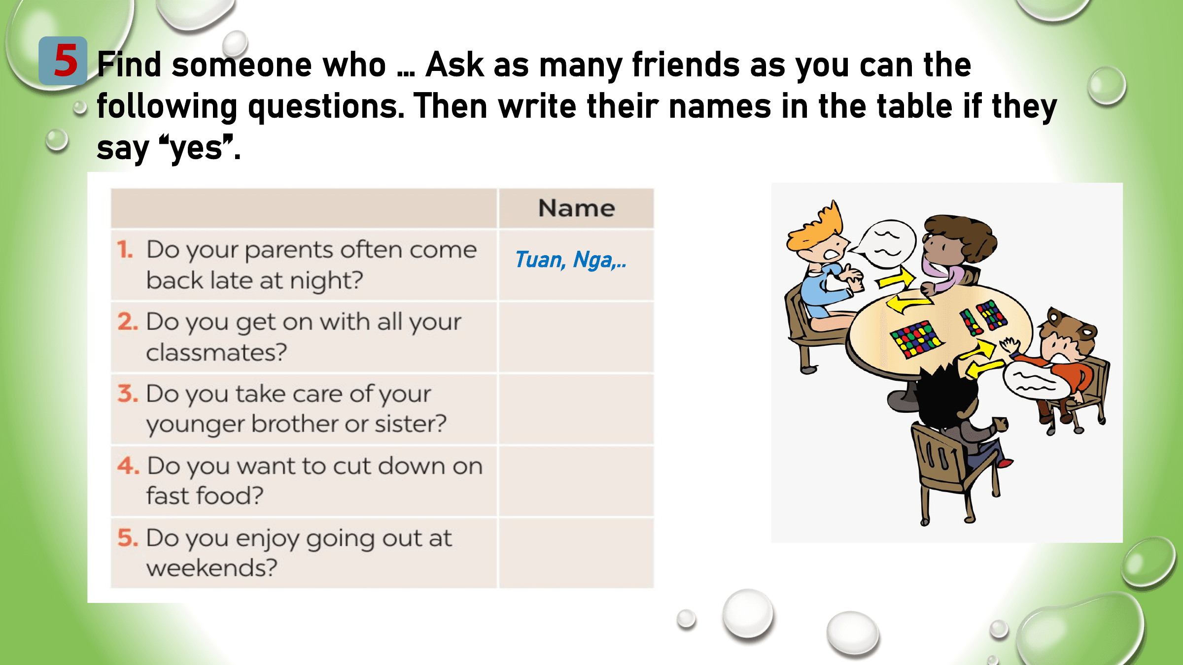 5 Find someone who … Ask as many friends as you can the
 following questions. Then write their names in the table if they
 say “yes”.

 Tuan, Nga,..
