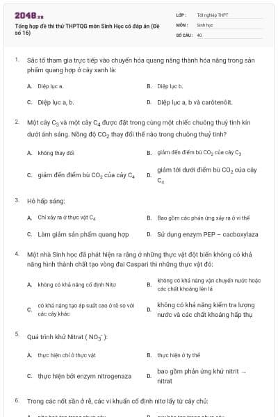 Tổng hợp đề thi thử THPTQG môn Sinh Học có đáp án (Đề số 16)