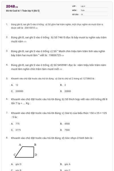 Đề thi Cuối kì 1 Toán lớp 4 (Đề 5)