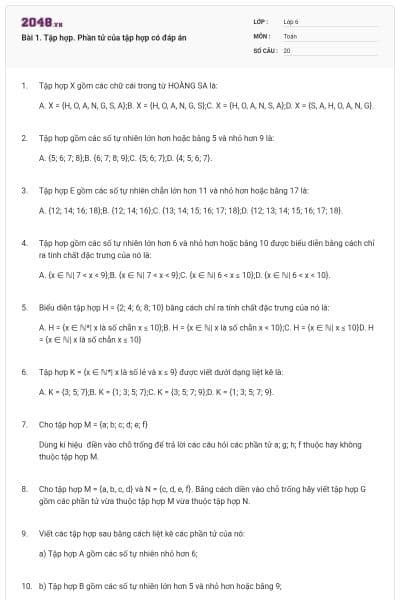 Bài 1. Tập hợp. Phần tử của tập hợp có đáp án