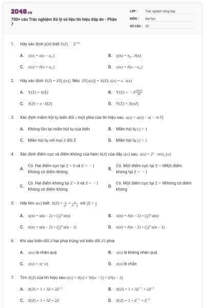 700+ câu Trắc nghiệm Xử lý số liệu tín hiệu đáp án - Phần 7