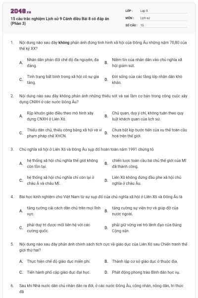 15 câu trắc nghiệm Lịch sử 9 Cánh diều Bài 8 có đáp án (Phần 3)