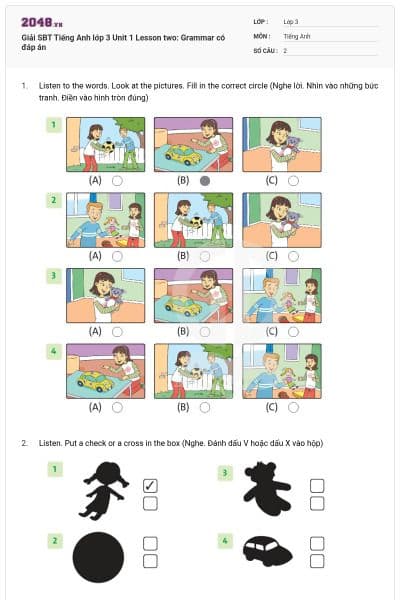 Giải SBT Tiếng Anh lớp 3 Unit 1 Lesson two: Grammar có đáp án