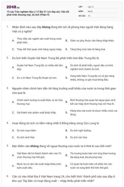 15 câu Trắc nghiệm Địa Lí 12 Bài 31 (có đáp án): Vấn đề phát triển thương mại, du lịch (Phần 4)