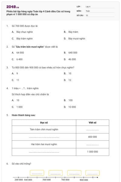 Phiếu bài tập hàng ngày Toán lớp 4 Cánh diều Các số trong phạm vi 1 000 000 có đáp án