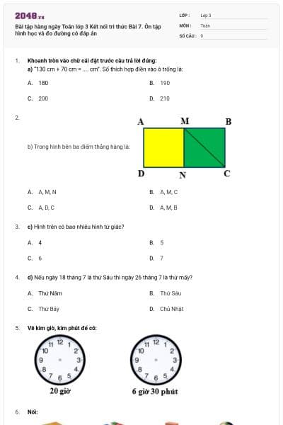 Bài tập hàng ngày Toán lớp 3 Kết nối tri thức Bài 7. Ôn tập hình học và đo đường có đáp án