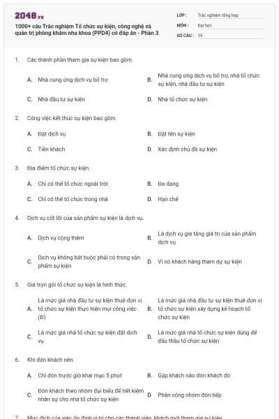 1000+ câu Trắc nghiệm Tổ chức sự kiện, công nghệ và quản trị phòng khám nha khoa (PPD4) có đáp án - Phần 3