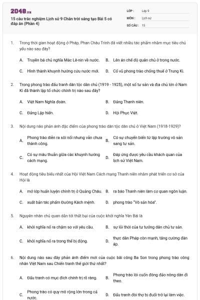 15 câu trắc nghiệm Lịch sử 9 Chân trời sáng tạo Bài 5 có đáp án (Phần 4)