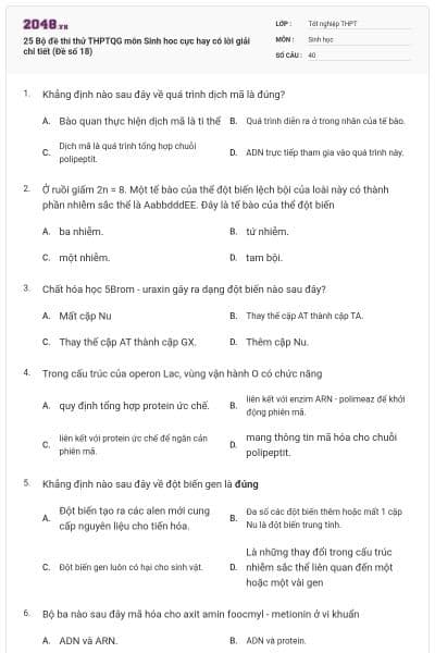 25 Bộ đề thi thử THPTQG môn Sinh hoc cực hay có lời giải chi tiết (Đề số 18)