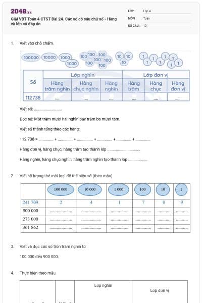 Giải VBT Toán 4 CTST Bài 24. Các số có sáu chữ số - Hàng và lớp có đáp án