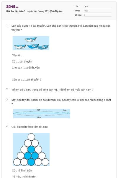 Giải bài tập toán 1: Luyện tập (trang 151) (Có đáp án)