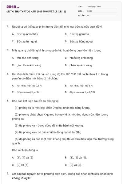 ĐỀ THI THỬ THPTQG NĂM 2019 MÔN VẬT LÝ (ĐỀ 12)