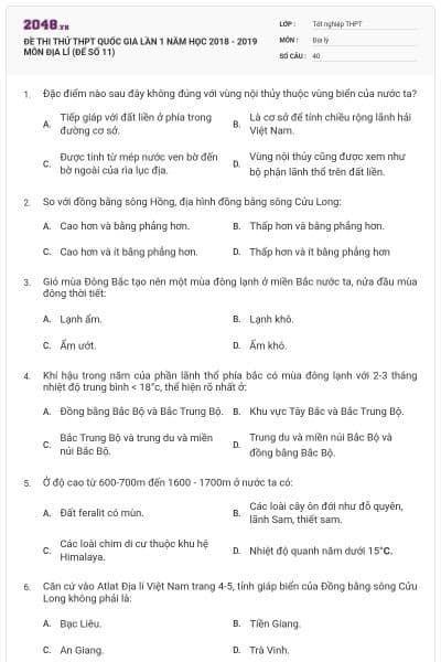ĐỀ THI THỬ THPT QUỐC GIA LẦN 1 NĂM HỌC 2018 - 2019 MÔN ĐỊA LÍ (ĐẾ SỐ 11)