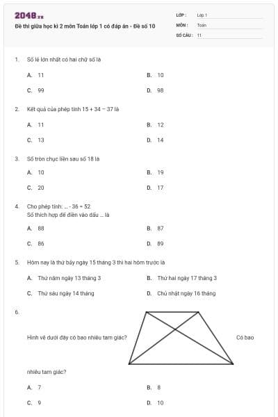 Đề thi giữa học kì 2 môn Toán lớp 1 có đáp án - Đề số 10