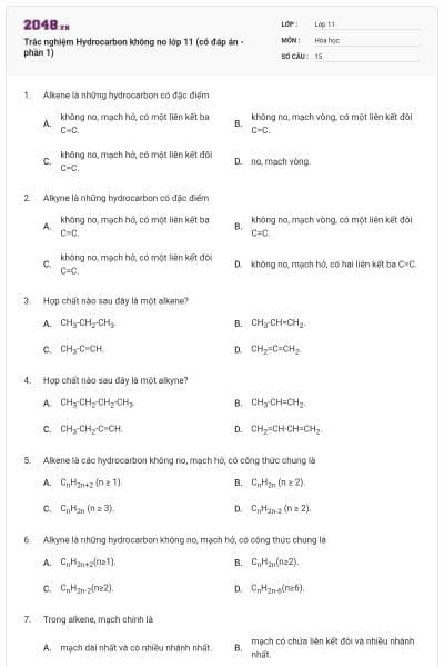 Trắc nghiệm Hydrocarbon không no lớp 11 (có đáp án - phần 1)