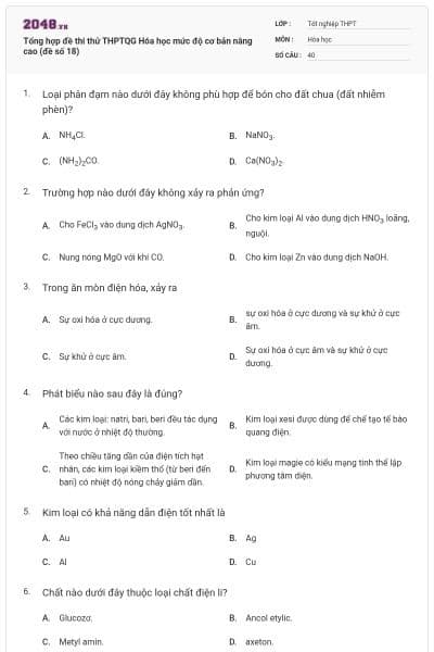 Tổng hợp đề thi thử THPTQG Hóa học mức độ cơ bản nâng cao (đề số 18)