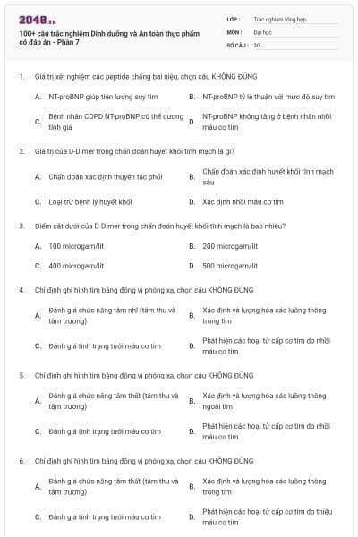 100+ câu trắc nghiệm Dinh dưỡng và An toàn thực phẩm có đáp án - Phần 7