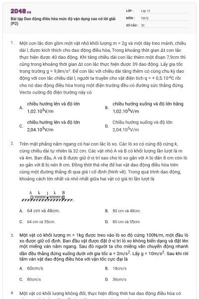 Bài tập Dao động điều hòa mức độ vận dụng cao có lời giải (P2)