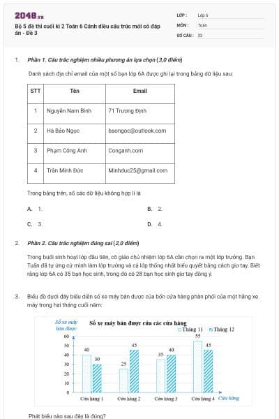 Bộ 5 đề thi cuối kì 2 Toán 6 Cánh diều cấu trúc mới có đáp án - Đề 3