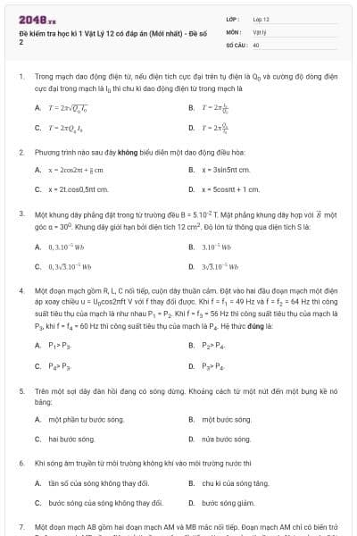 Đề kiểm tra học kì 1 Vật Lý 12 có đáp án (Mới nhất) - Đề số 2