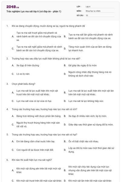 Trắc nghiệm Lực ma sát lớp 6 (có đáp án - phần 1)