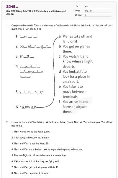 Giải SBT Tiếng Anh 7 Unit 8 Vocabulary and Listening có đáp án