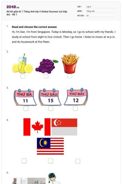 Đề thi giữa kì 1 Tiếng Anh lớp 4 Global Success (có đáp án) - Đề 1