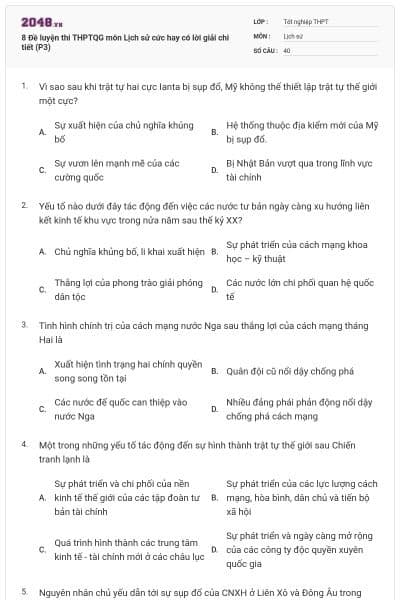8 Đề luyện thi THPTQG môn Lịch sử cức hay có lời giải chi tiết (P3)