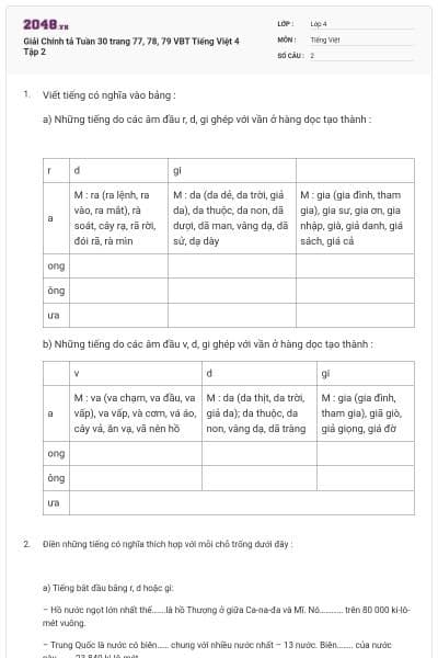 Giải Chính tả Tuần 30 trang 77, 78, 79 VBT Tiếng Việt 4 Tập 2