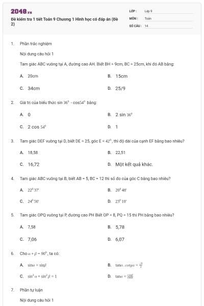 Đề kiểm tra 1 tiết Toán 9 Chương 1 Hình học có đáp án (Đề 2)
